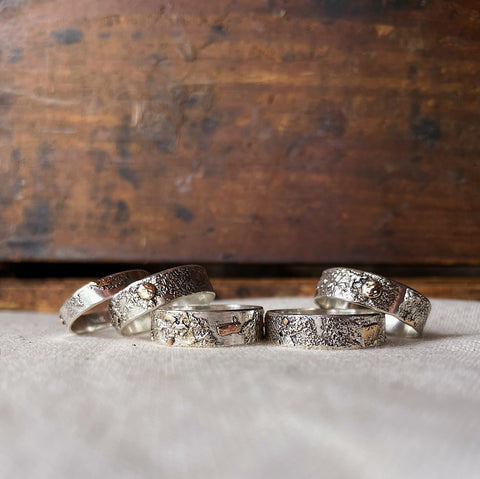 Forged in Flame Mixed Metal Textured Rings